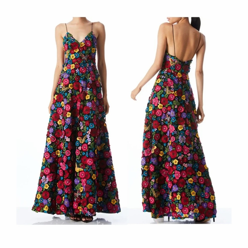 Alice + Olivia Domenica Embellished Gown Maxi Dress Black Floral Embroidered 0